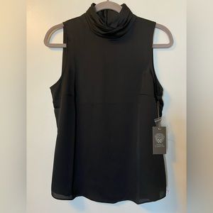 NWT Vince Comuto Sheer Black High Neck Tank with Button closure Size Small